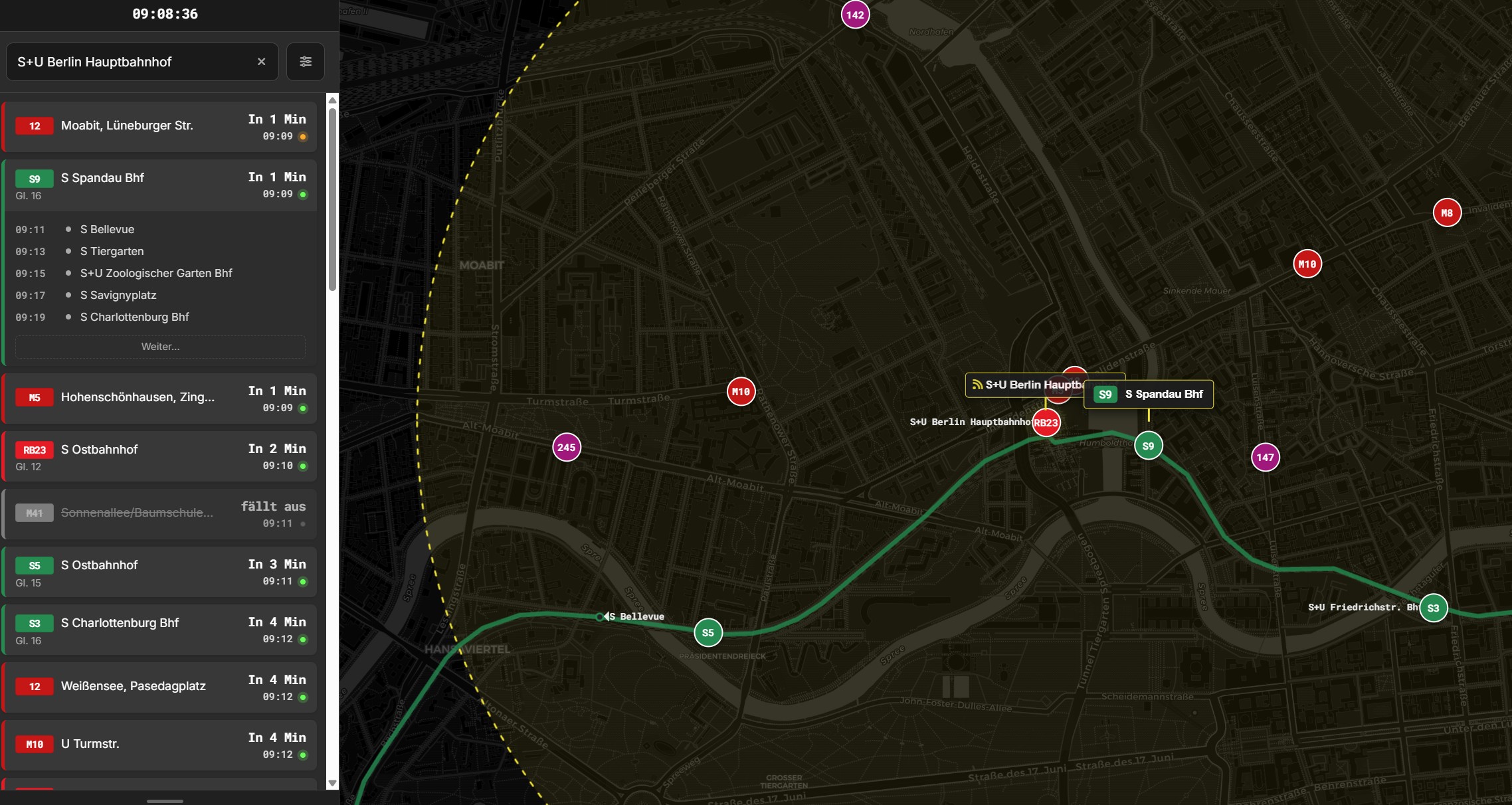 Berlin departure monitor with live departures and map