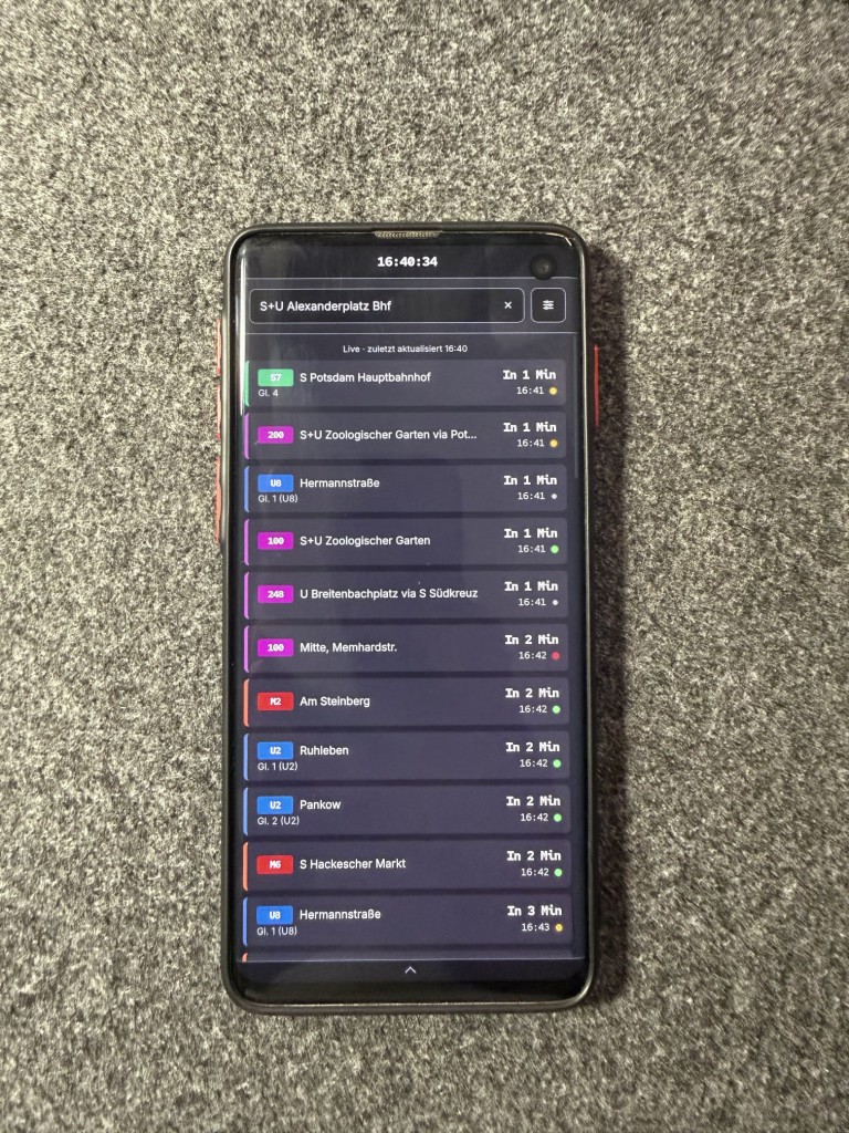 Android phone showing the live departure timetable