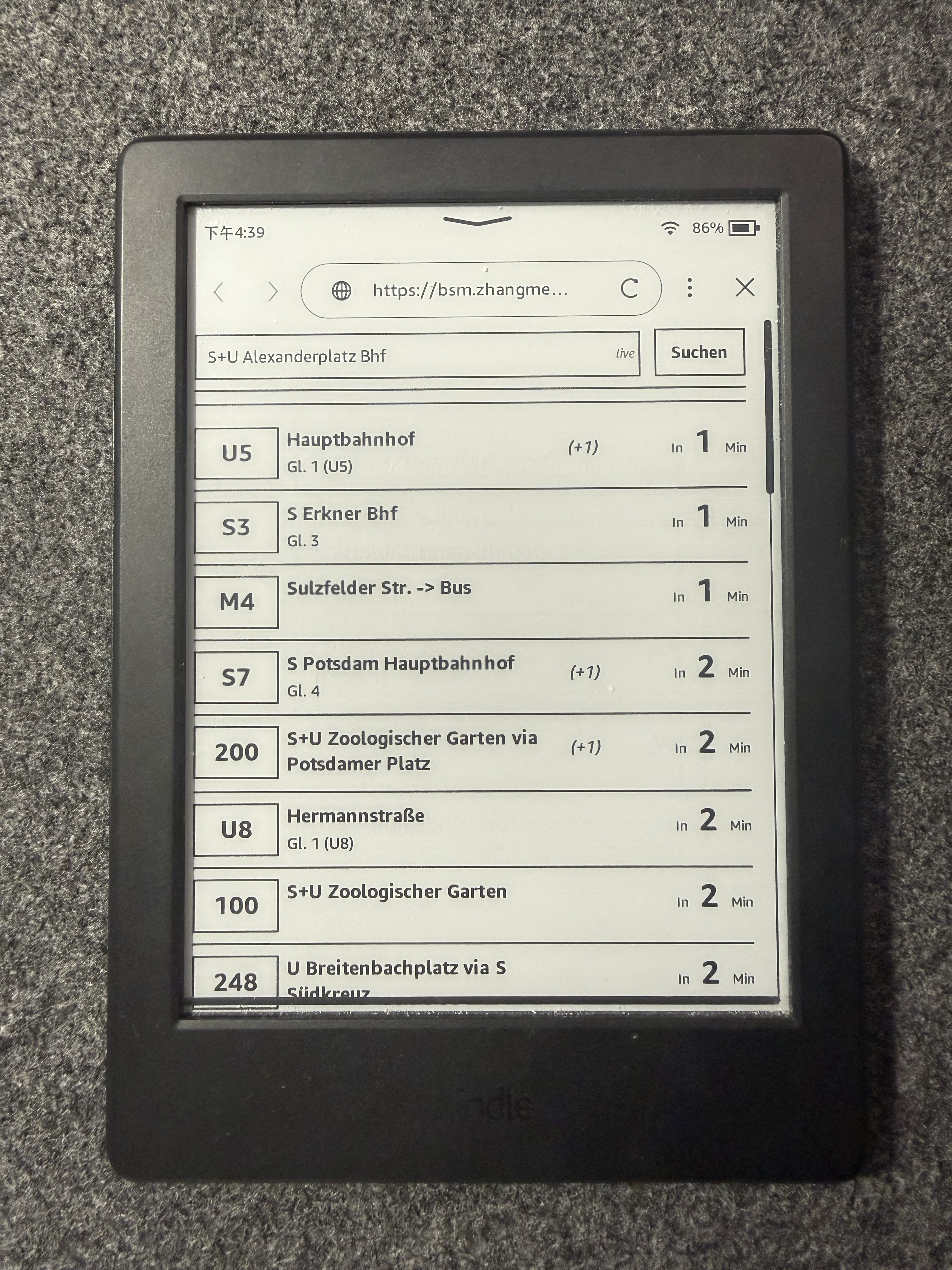 Kindle showing the live departure timetable